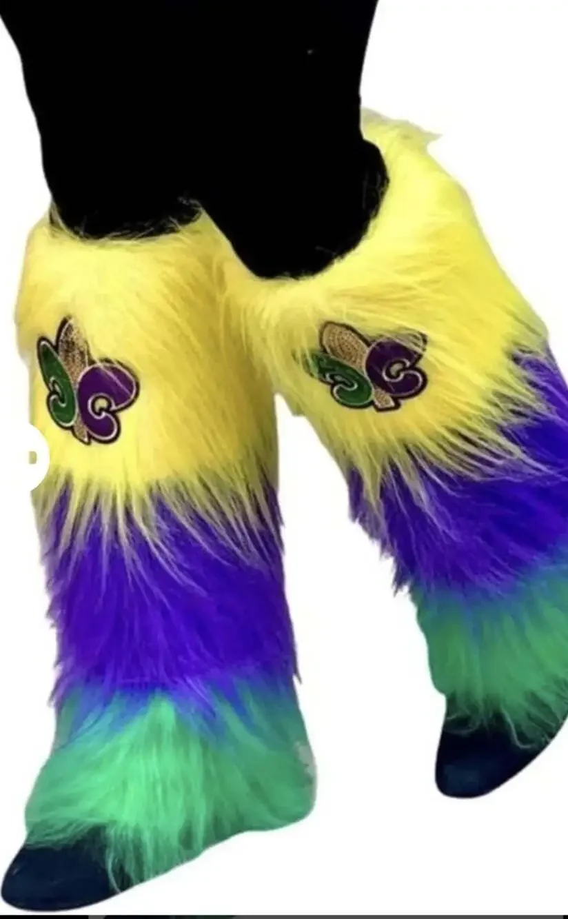 Mardi Gras Leg Warmer Multicolor Boot Cover + Sequin Fleur De Lis Parade Outfit